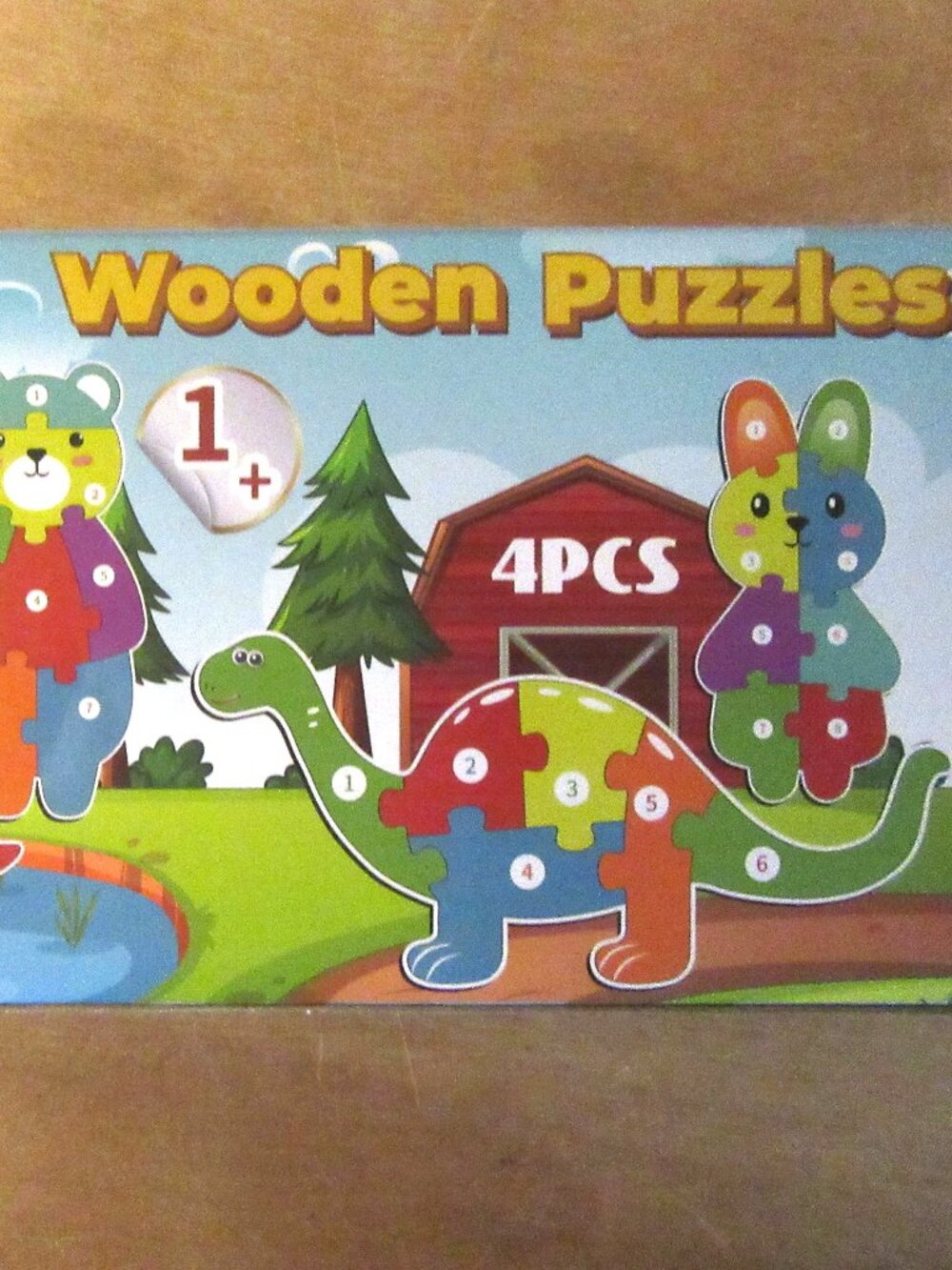 Wooden Puzzles for toddlers ages 1+ - 4 puzzles dolphin, bear, dinosaur, rabbit